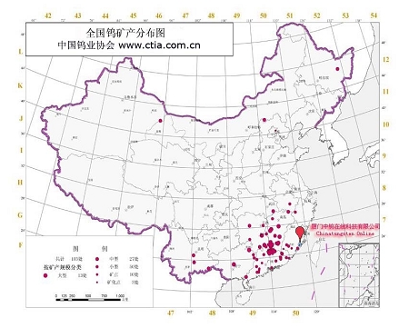 中國的鎢礦分布